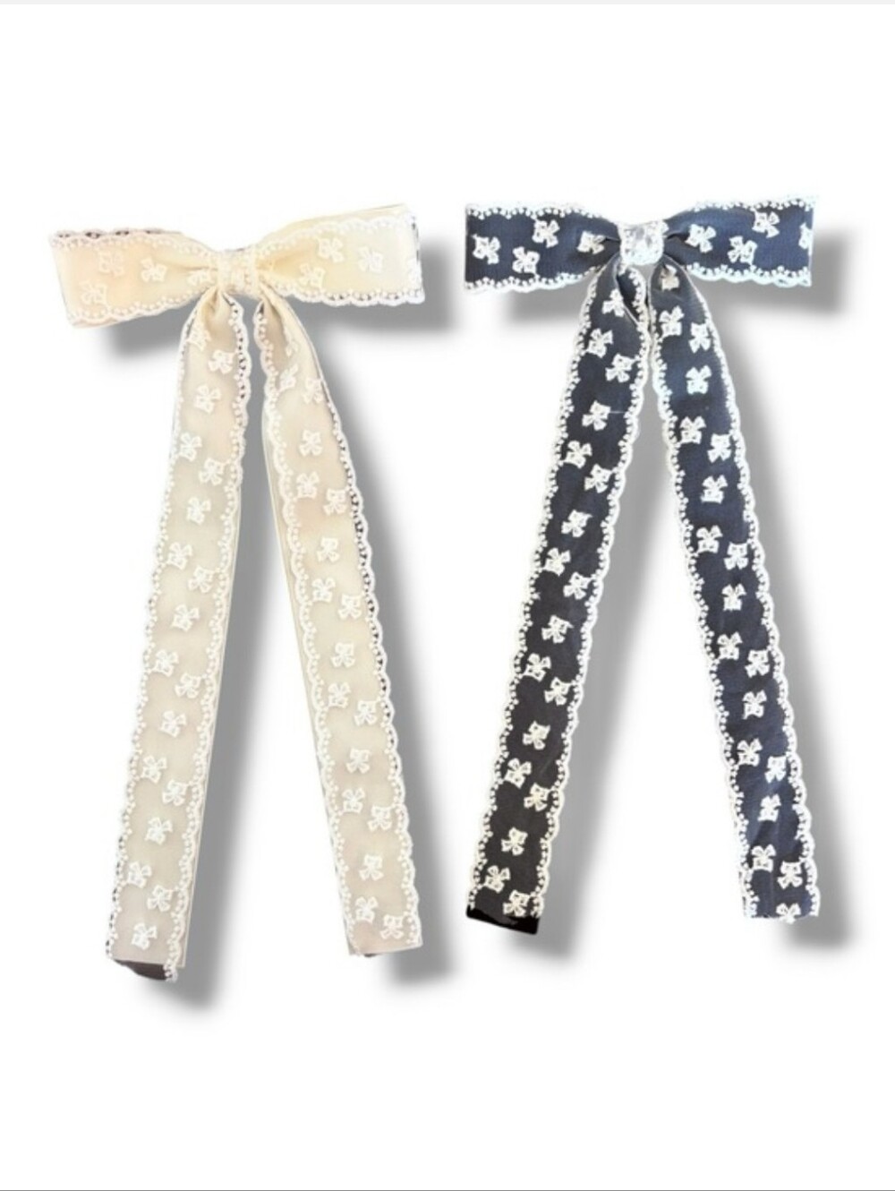 Black & Cream Lace & Satin Layered Long Tailed Hair Bows Set Of Two